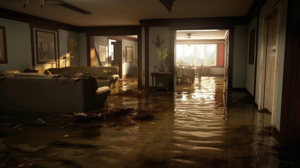 Living room and dining area flooded with water and scattered debris.
