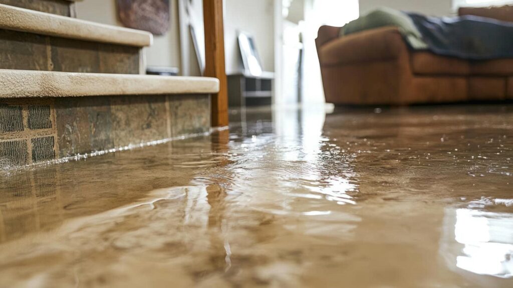 Water flooding a living room floor near a staircase and a brown couch.