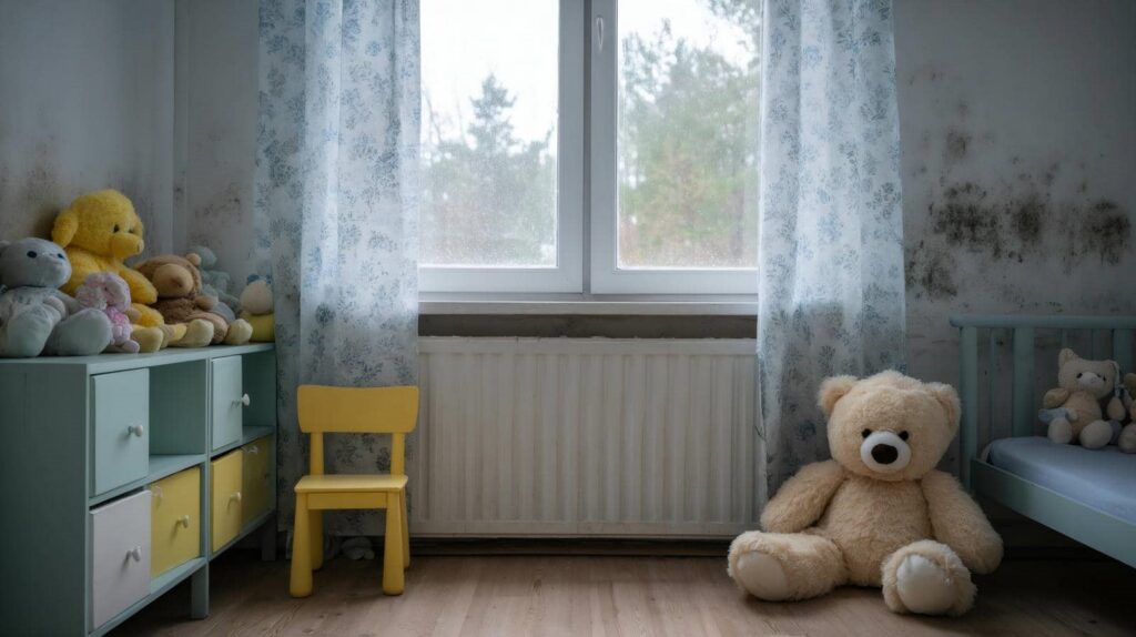 Teddy bears and stuffed animals in a dimly lit room with mold on the walls and a yellow chair.