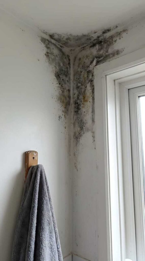 Mold growth in a bathroom corner above a towel hook.