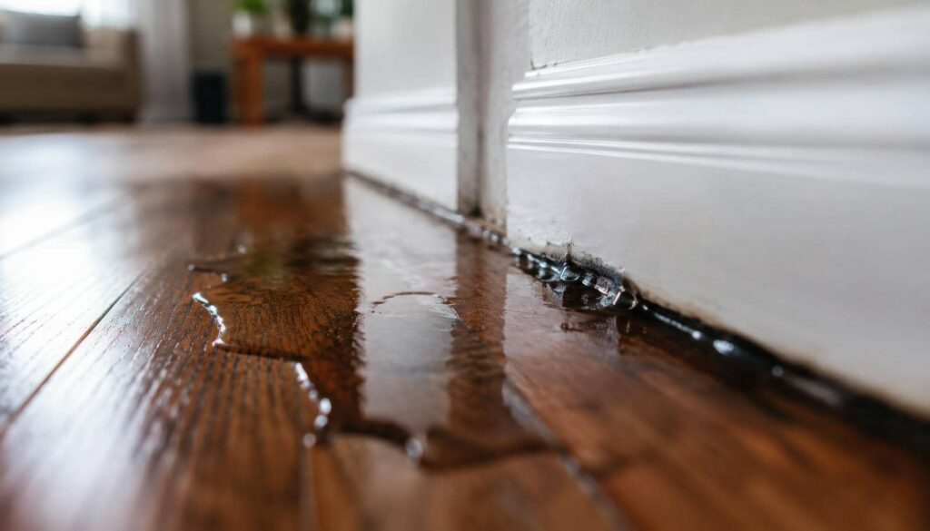 Water leaking onto a hardwood floor by a wall.
