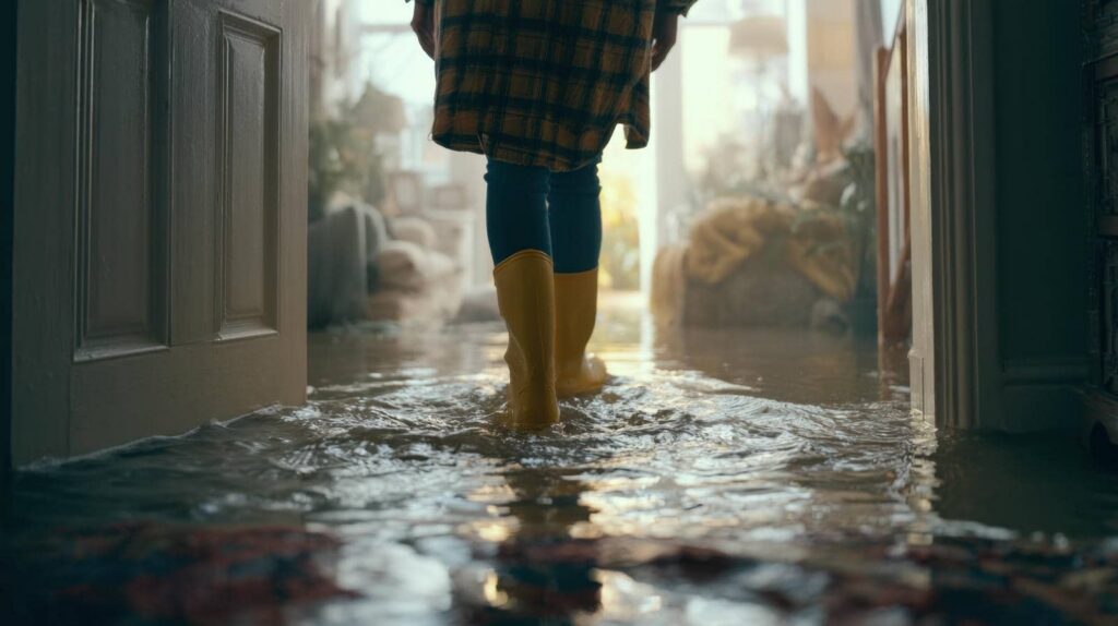 Person in yellow boots wades through floodwater inside a home.