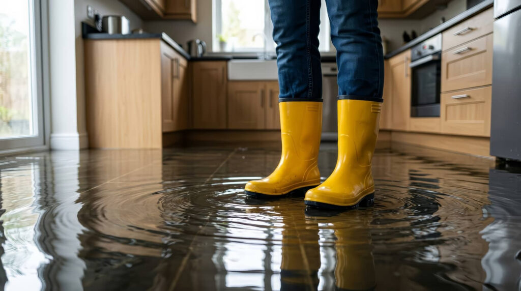 Yellow rain boots standing in a flooded kitchen.
