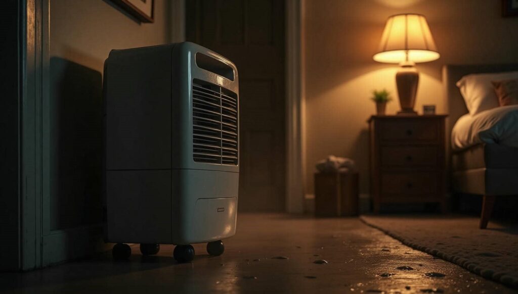 A portable heater on wheels in a dimly lit bedroom near a nightstand with a lamp.