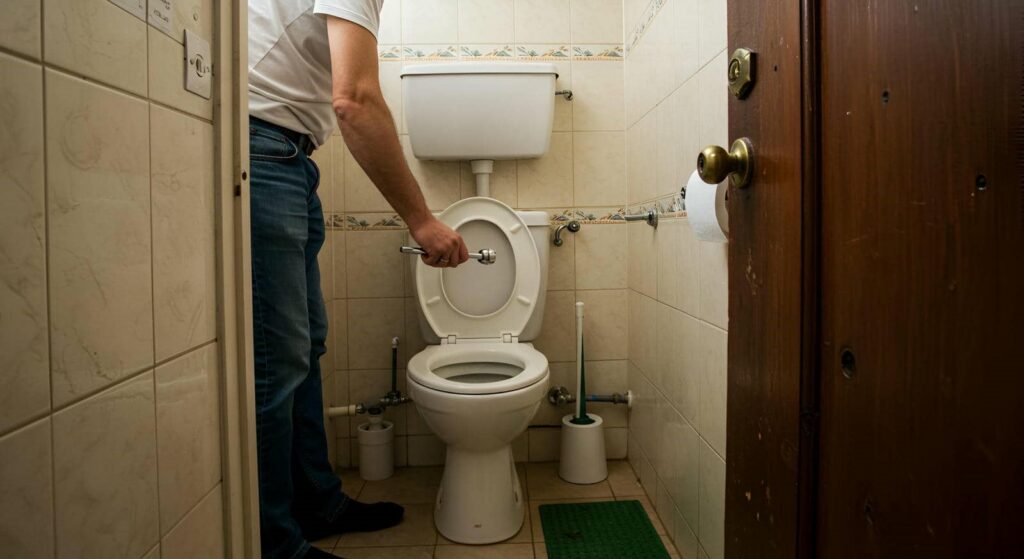 Person holding a wrench near a toilet in a small tiled bathroom.