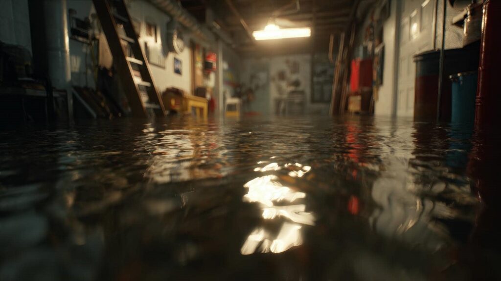 Flooded basement with water covering the floor and reflections of lights and objects.