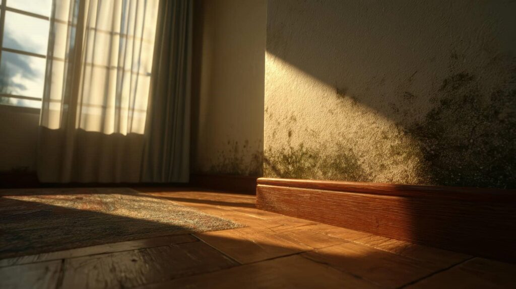 Sunlight casts shadows on a wall with mold near a wooden floor and window with curtains.