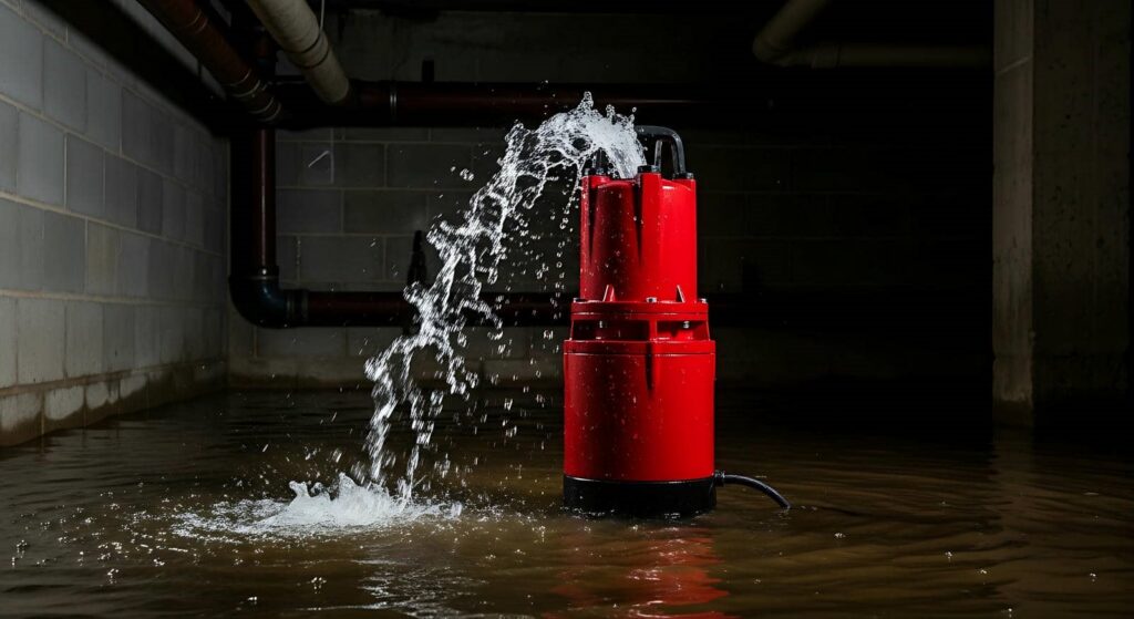 Red water pump spraying water inside a flooded basement with concrete walls and pipes.