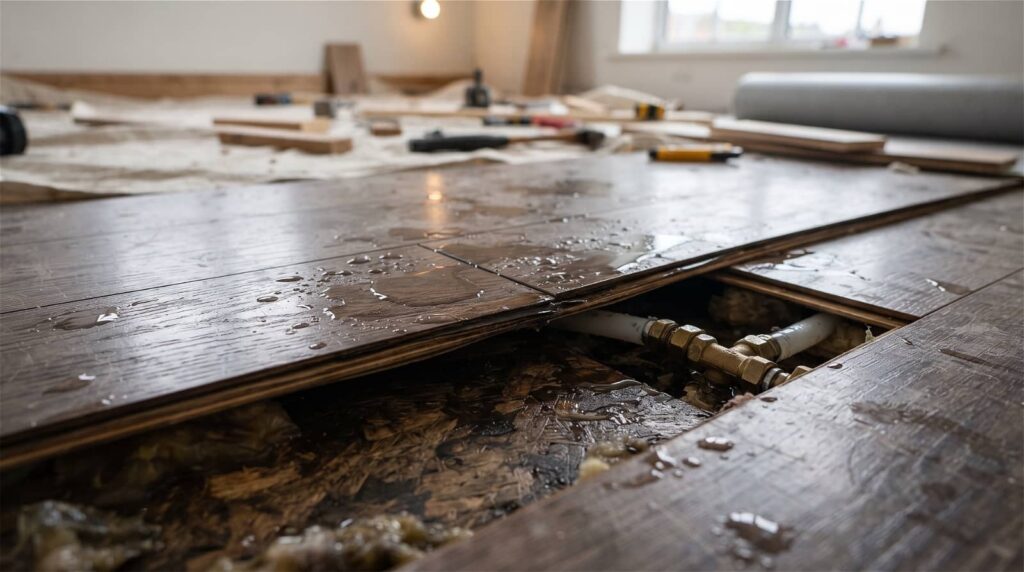 Water-damaged hardwood floor with exposed plumbing.