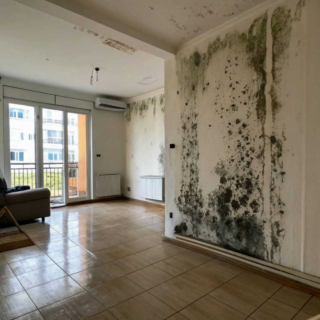 Living room with large mold patches on white walls and ceiling near a sliding glass door.