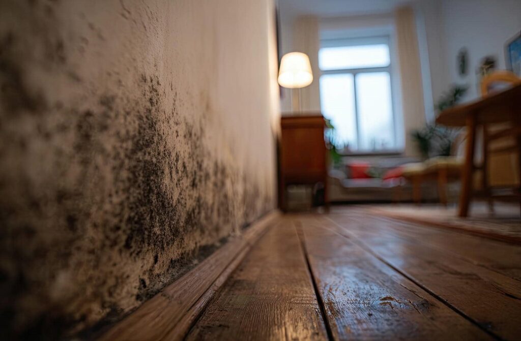 Close-up of mold growing on a wall near a wooden floor in a living room.