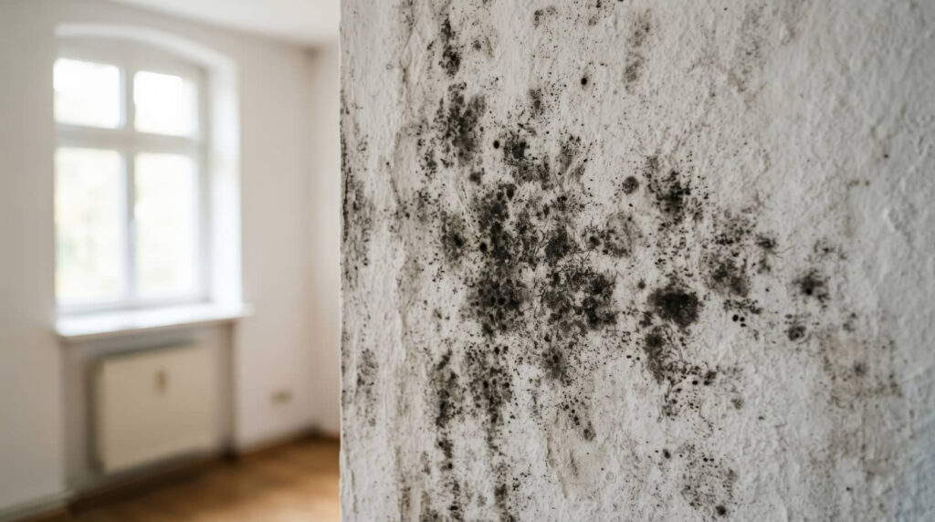 Mold-covered wall in a room near a window.