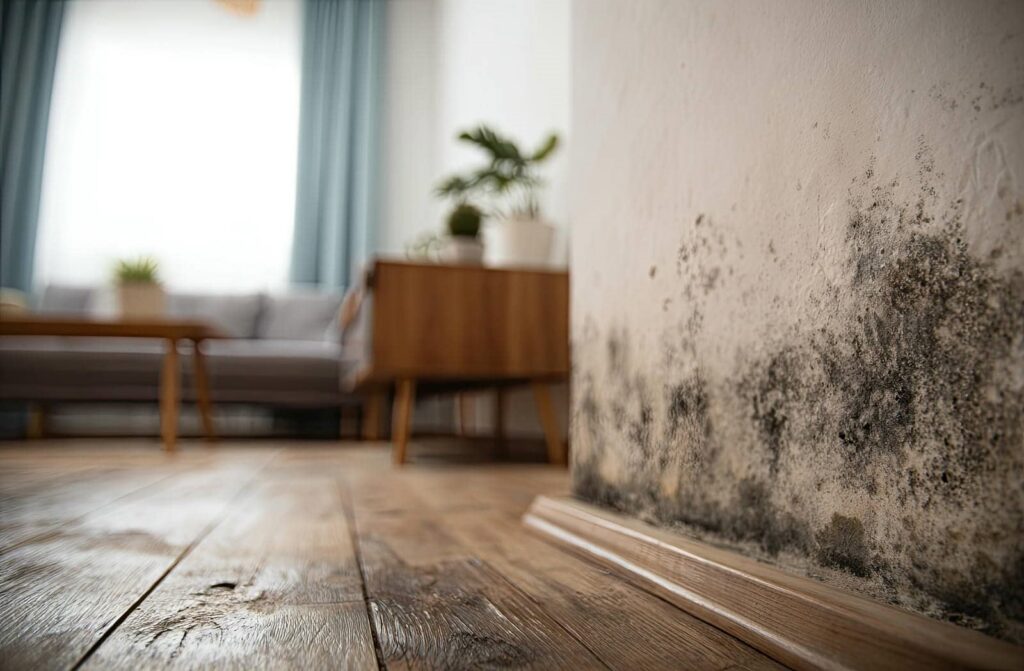 Black mold growing on the lower part of a white wall in a living room with wooden flooring.