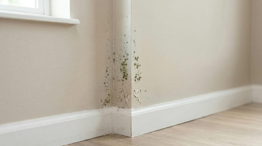 Mold growth and peeling paint on the corner of an interior wall near the floor.