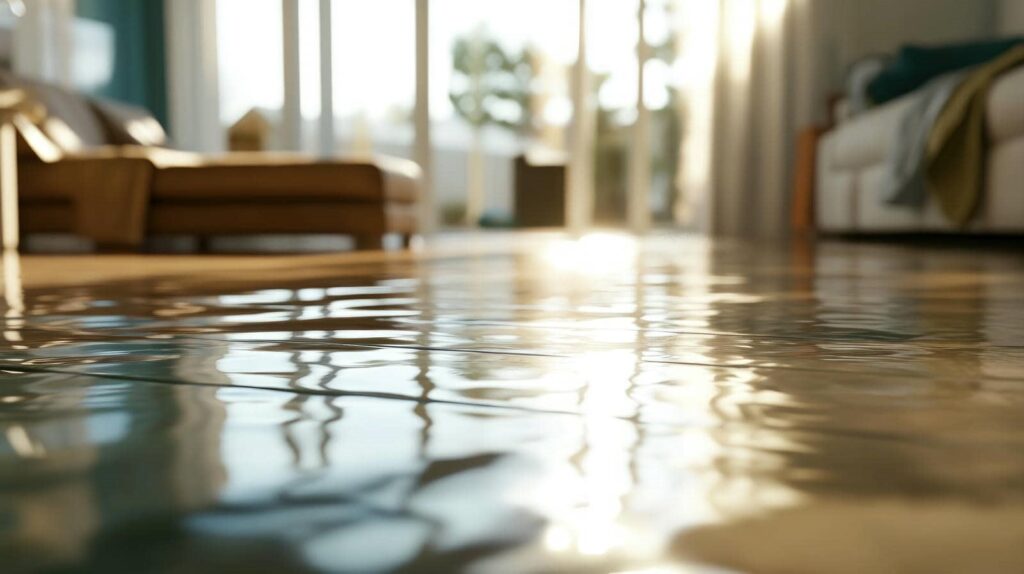 Water flooding a living room floor with sofas and sunlight in the background.