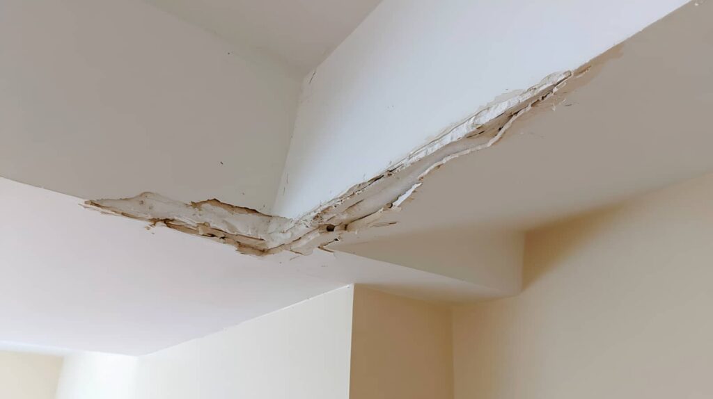 Peeling ceiling plaster with water damage in a room corner.
