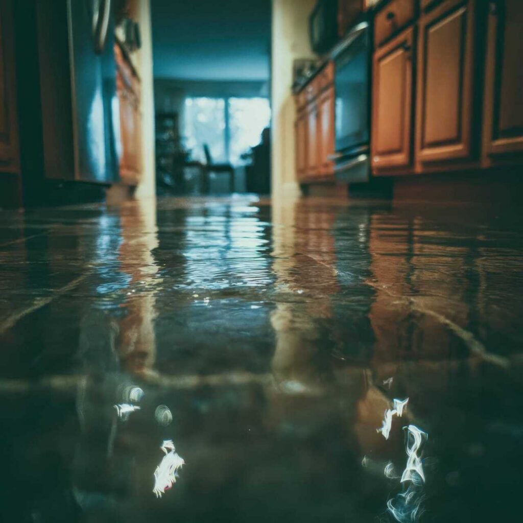 Flooded kitchen with water covering the floor.
