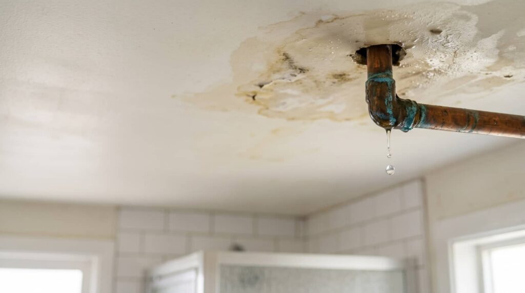 Leaking copper pipe in a water-damaged ceiling.