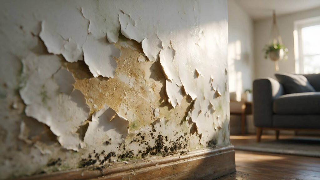 Peeling, moldy wall in a living room.