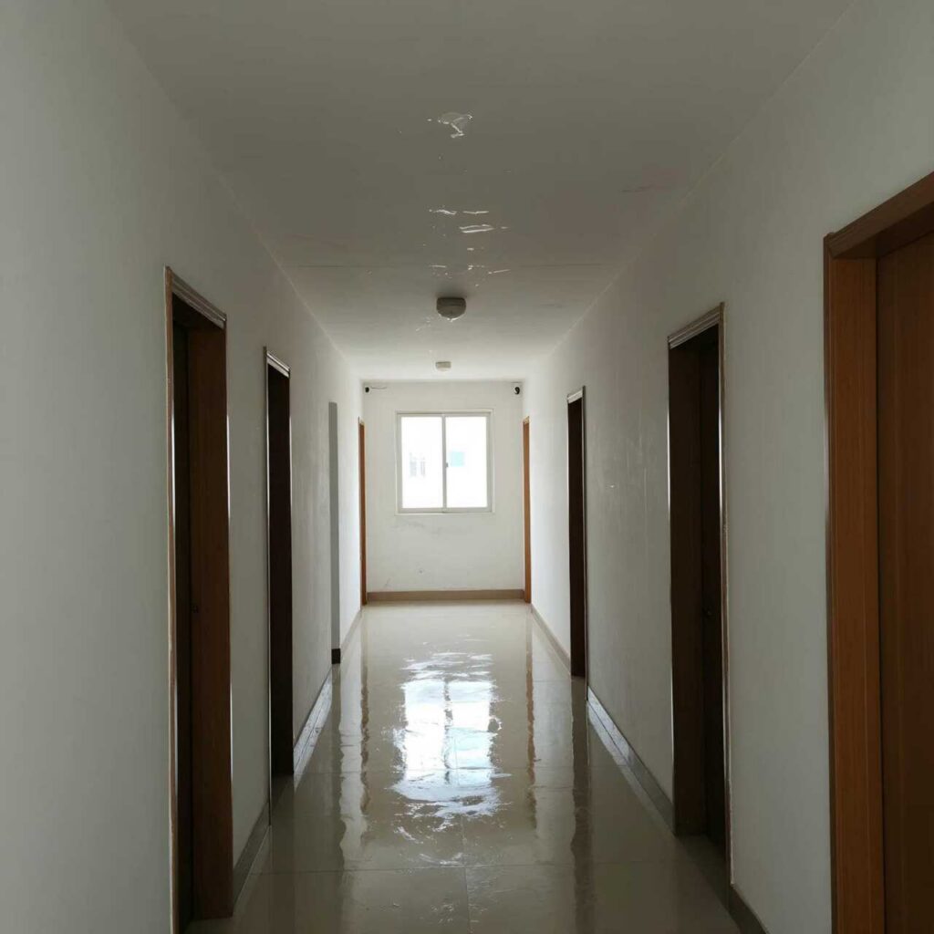 Empty hallway with six wooden doorways and a window at the end reflecting on the shiny floor.