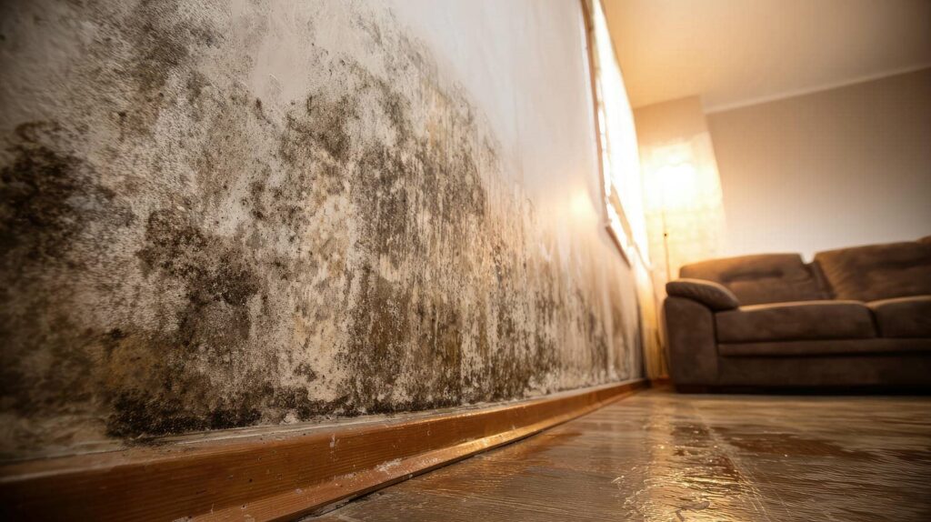 Wall with extensive mold damage near a brown sofa in a living room.