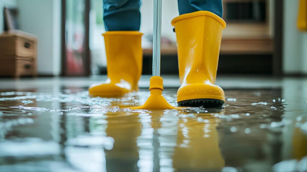 Person wearing yellow rain boots mopping a flooded floor indoors.