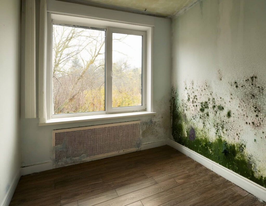 Mold-covered room wall beside a window.