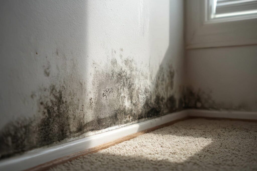 Black mold growth along the base of a white wall near a window on a carpeted floor.