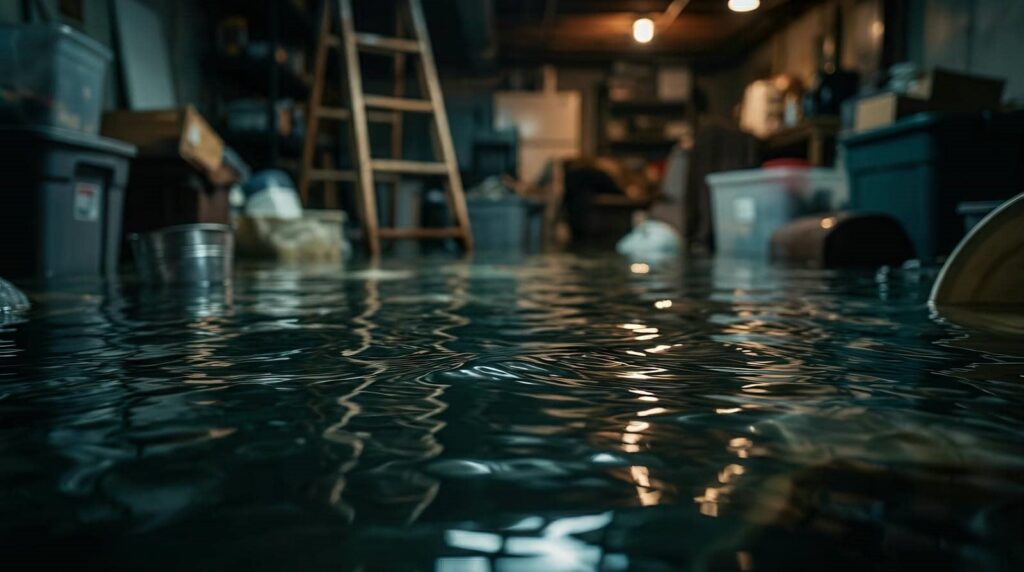 Flooded basement with water covering the floor and storage items partially submerged.