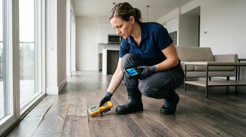 Woman inspecting damaged hardwood floor with a handheld meter.