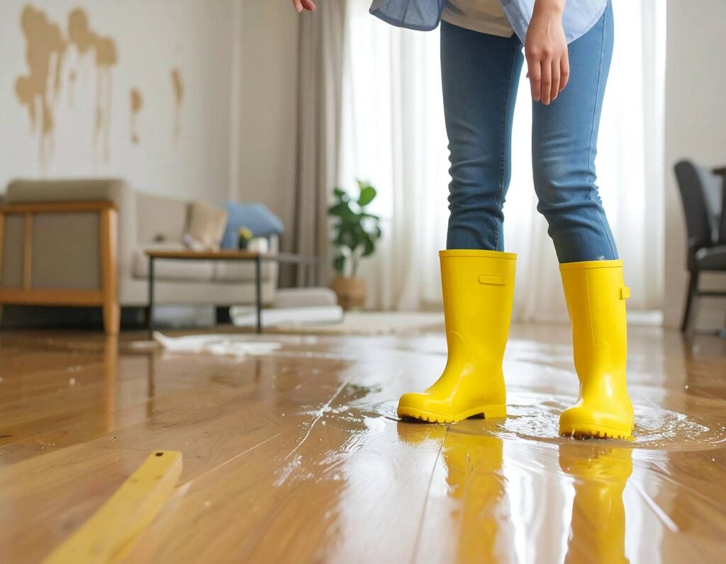 Person in yellow rain boots standing in a flooded room.