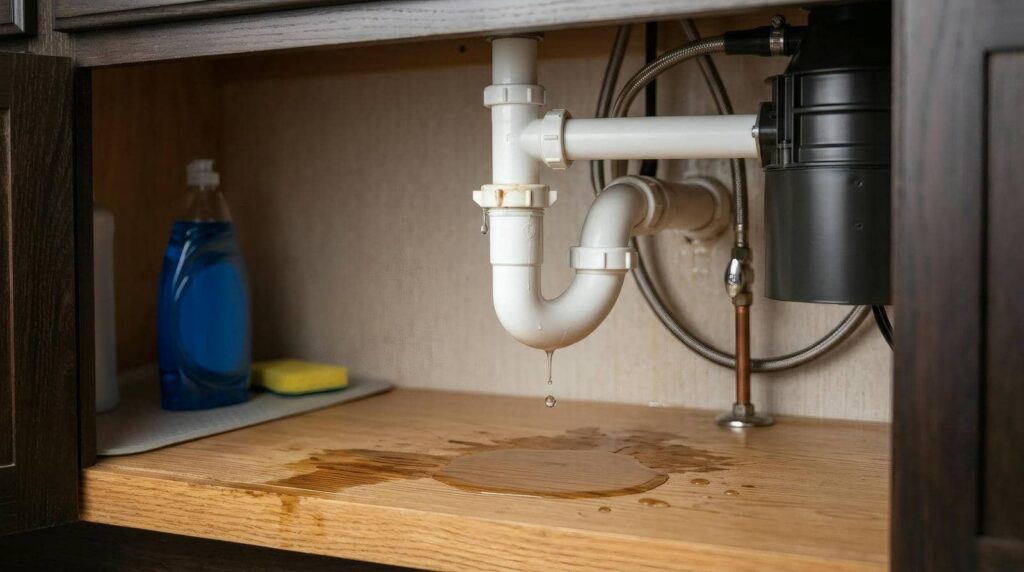 Leaking under-sink plumbing with water pooling on the cabinet floor.