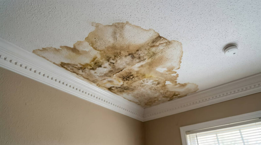 Water-damaged ceiling with large mold stains.