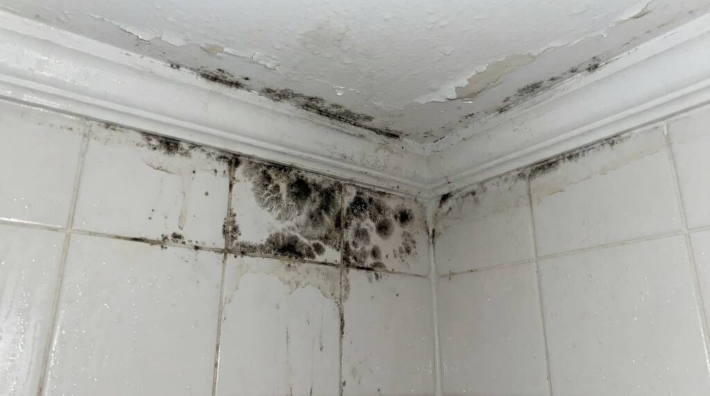 Black mold growing along a bathroom ceiling corner and tiled wall.