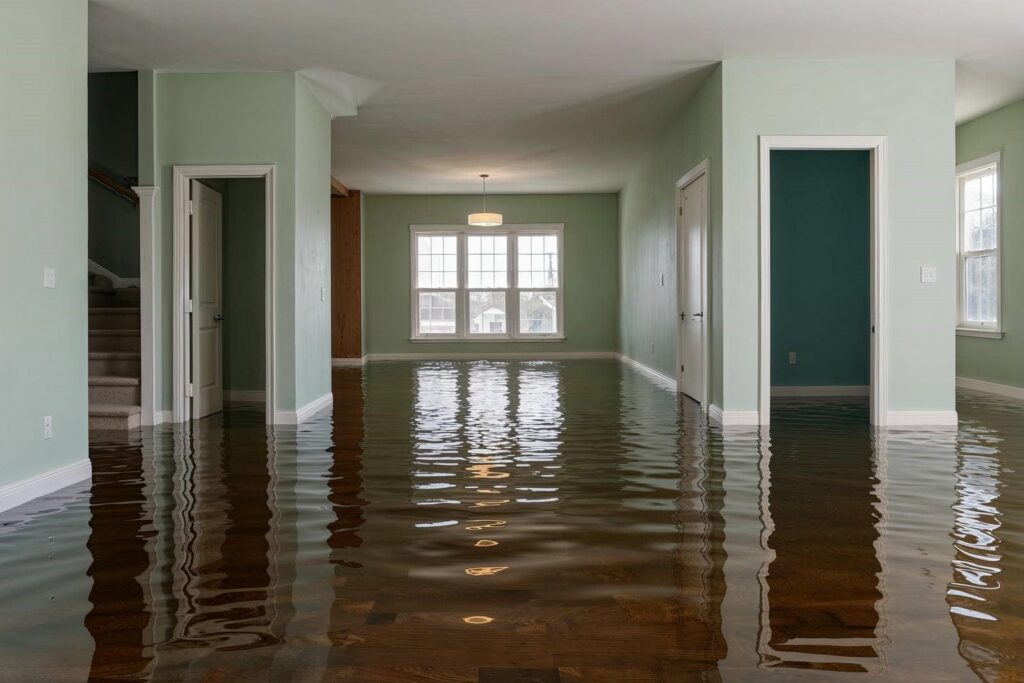 Living room interior flooded with water covering the floor up to the doorways.