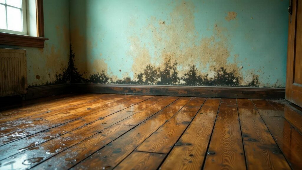 Mold and water damage on a blue wall and wet wooden floor in a room corner.