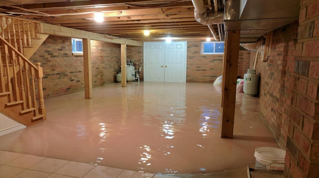 Flooded basement with standing water and exposed ceiling beams.