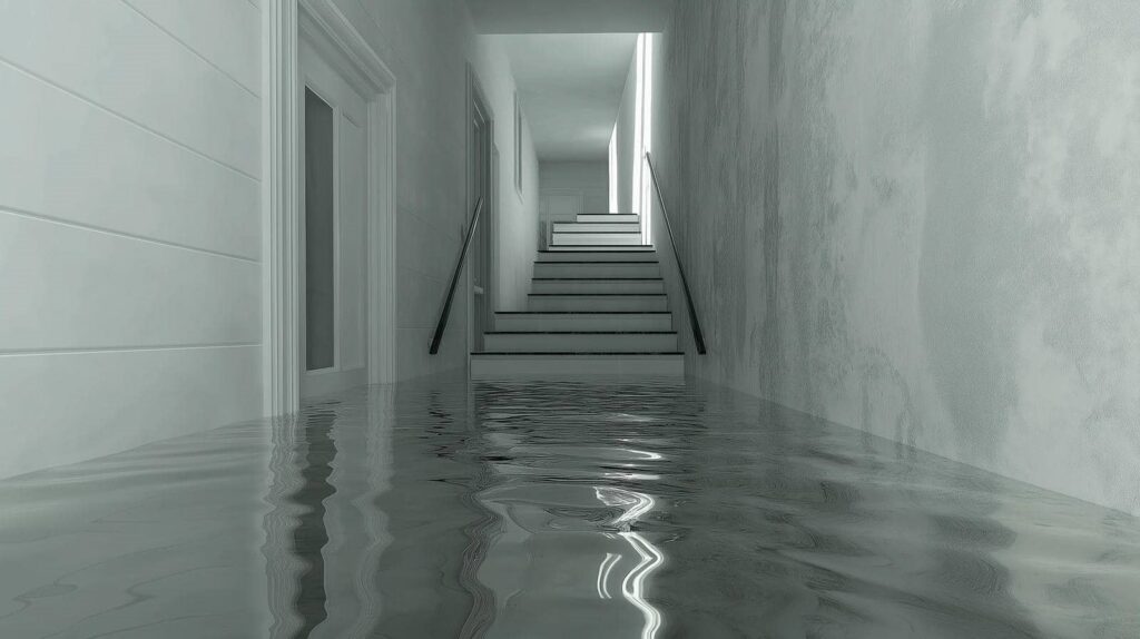 Flooded indoor hallway with stairs partially submerged in water.