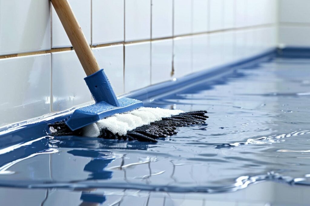 Mop cleaning a wet blue tiled floor near a white tiled wall.