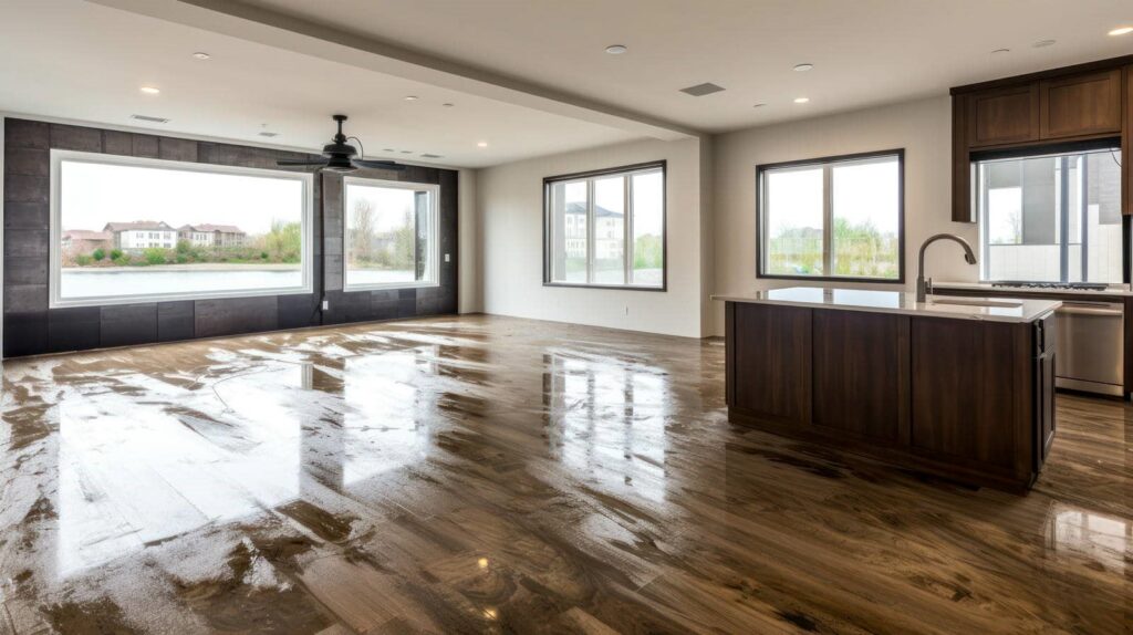 Empty modern open-plan living area with large windows and a kitchen island with dark wood cabinetry.