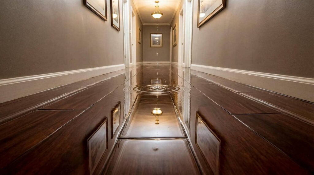 Flooded hallway with water reflecting ceiling lights.
