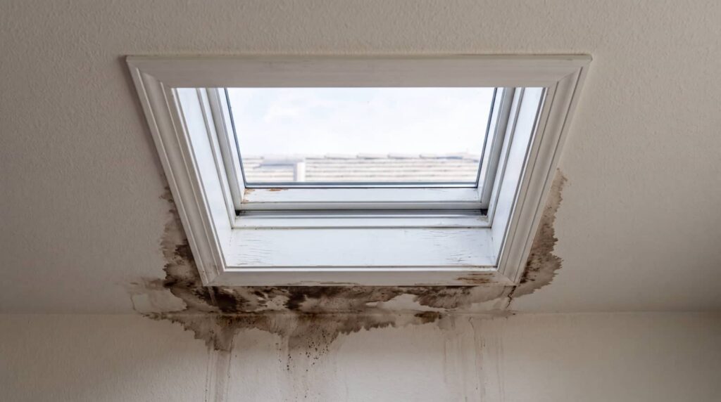 Skylight with severe water damage and mold stains on the ceiling.