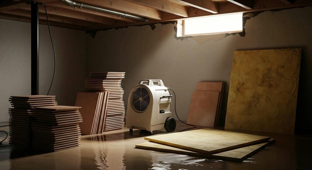 A basement with water on the floor, stacked wooden boards, and a large dehumidifier near a small window.