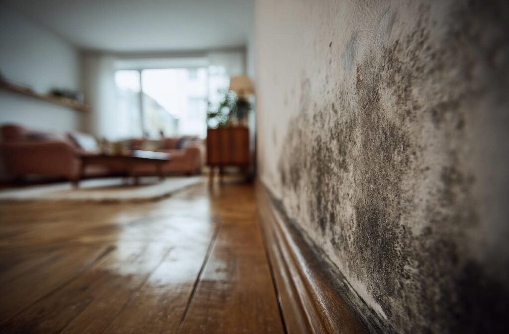 Close-up of mold growth on an interior wall near the floor in a living room.