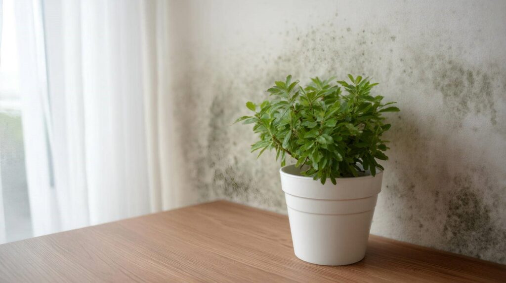 Green potted plant on a wooden surface with mold growing on the wall behind it.