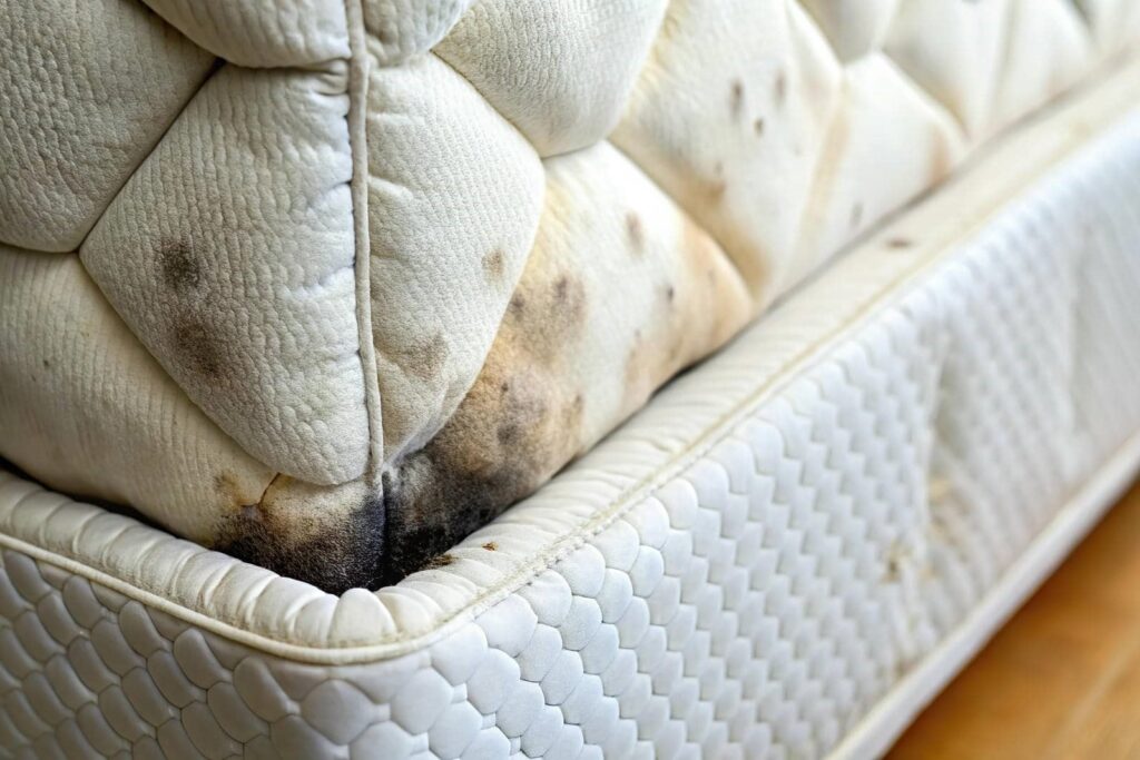 Close-up of a mattress corner with visible black mold and stains on the fabric.