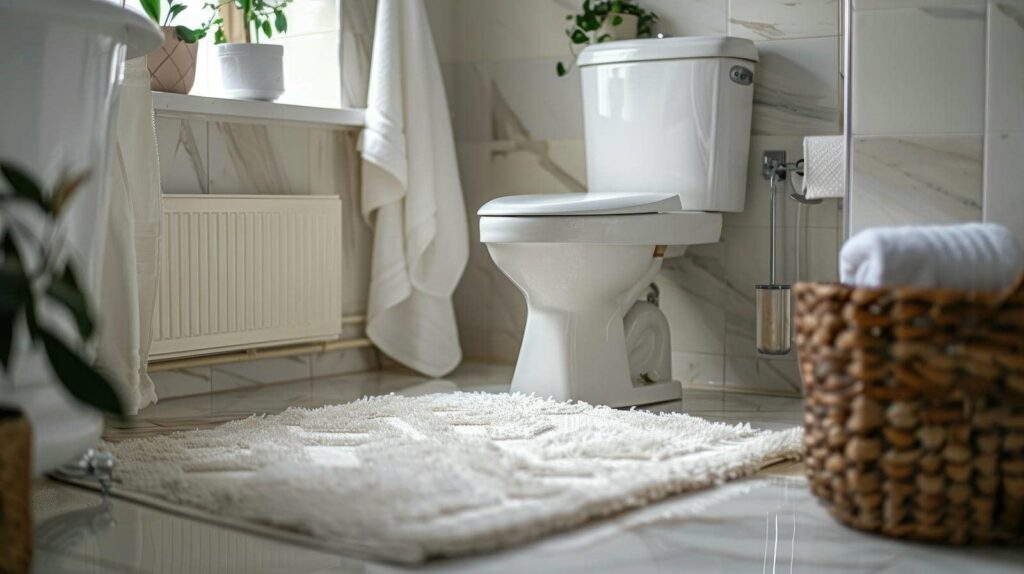 White toilet with a closed lid in a bathroom featuring a textured white rug and a wicker basket with a rolled towel.