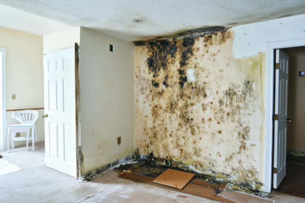 Wall and floor with extensive black mold damage in a room with open doors and a white plastic chair.