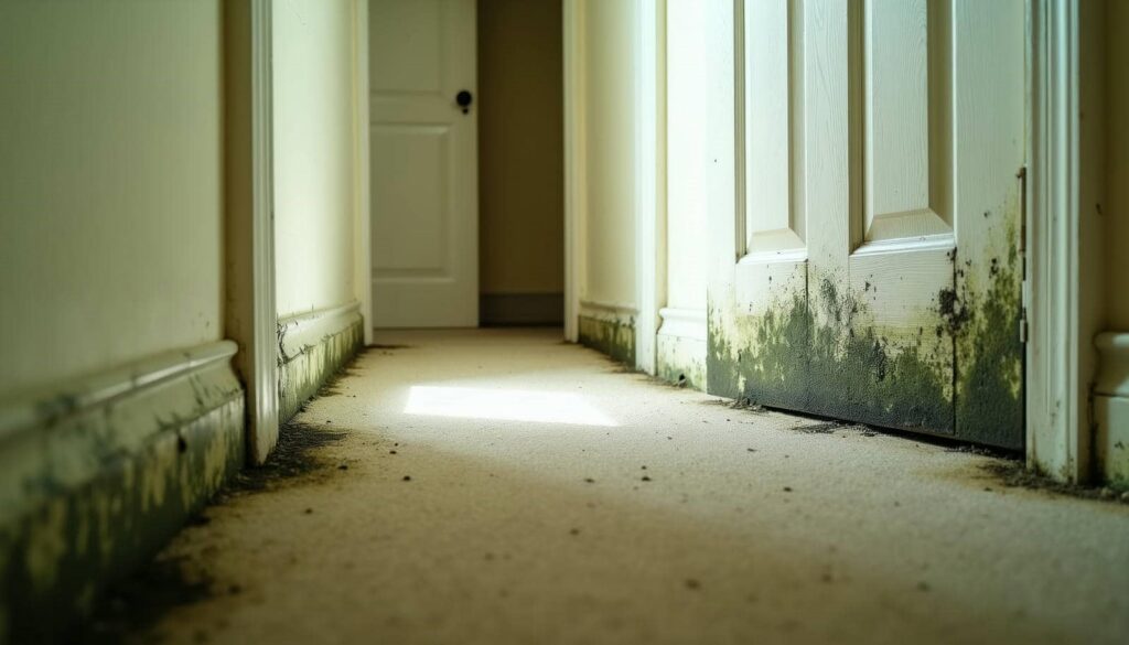 Mold growth along the baseboards and lower door in a narrow hallway.