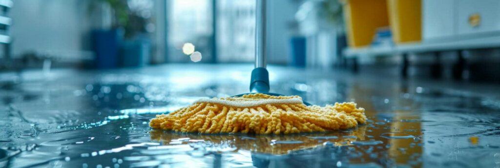 Yellow mop cleaning a wet floor in a room with blurred background.